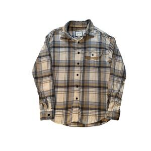 American Eagle Super Soft Flannel Shirt Mens Small Tan Blue Plaid Button Down